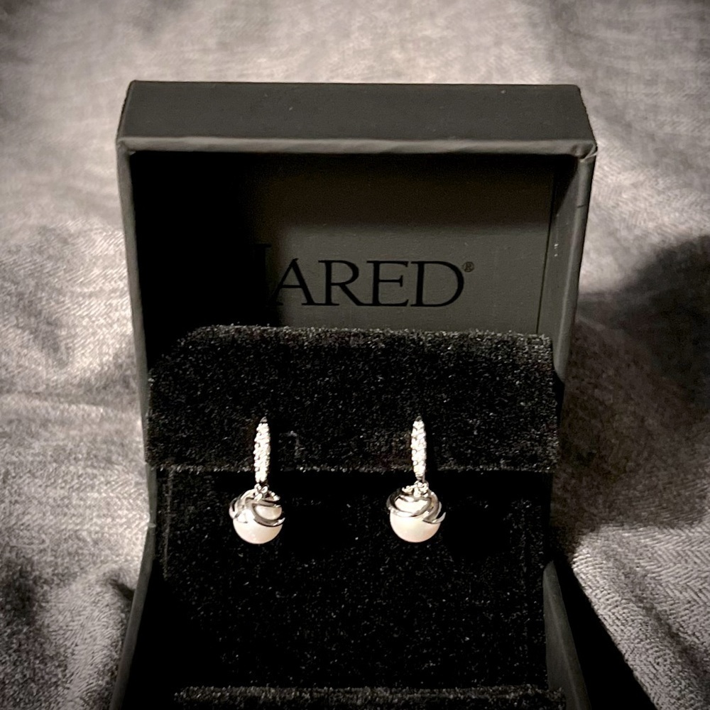 NEW! Akoya Pearl & Diamond Dangle Earrings 14k White Gold